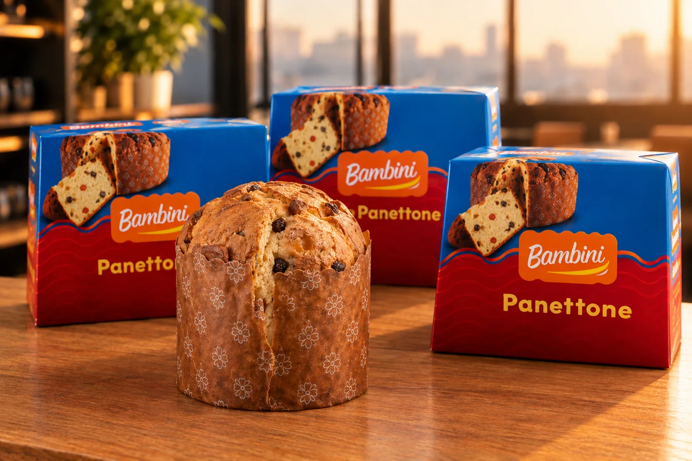 Três caixas de Panettone Bambini sobre uma mesa de madeira, com um panettone inteiro na forma de papel à frente
